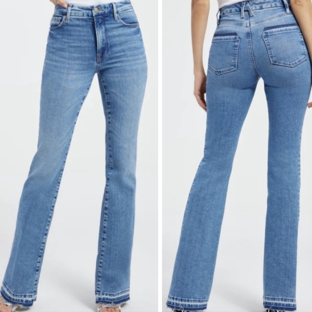 Good American Good Classic Bootcut Jeans,  High Waist, Stretch, Frayed Hem, EUC!